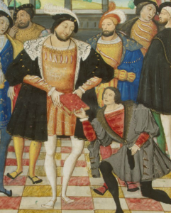 Figure 10: Manuscrit Morgan 948, f. 4r (détail): François Ier, Roi de France, étant présenté avec le manuscrit