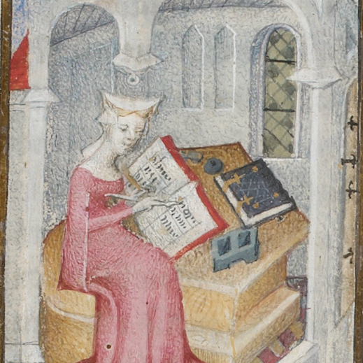 Christine de Pizan depicted in MS Bibliothèque nationale de France, Arsenal 2681, f. 4r